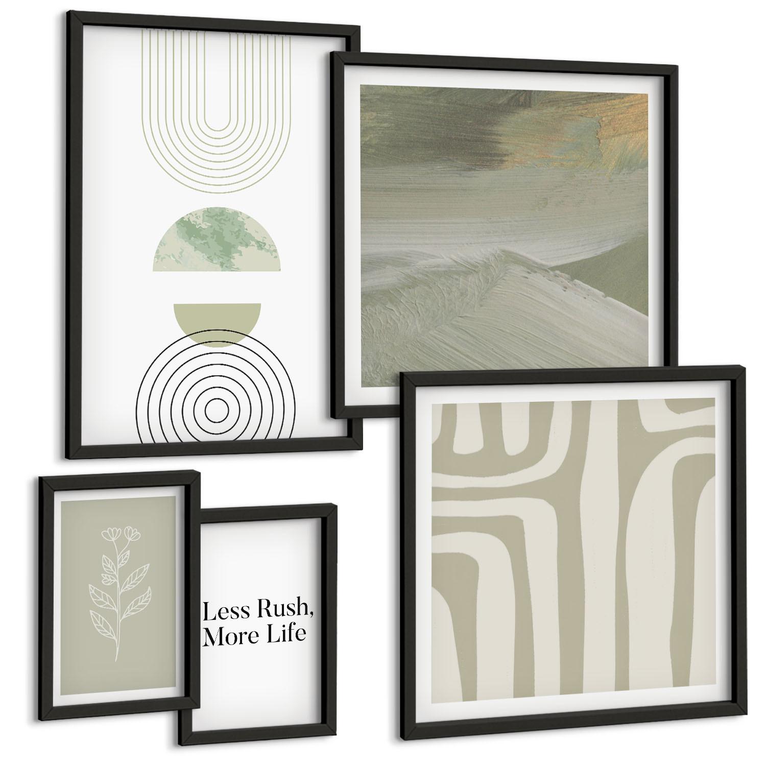 BILDER SET 5er Set - 50x50 cm & 20x30 cm & 40x60 cm Schwarzer Rahmen - Geometrische Pflanzenmuster - Schwarz, Kunststoff (40/60cm) - TULUP