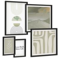 BILDER SET 5er Set - 50x50 cm & 20x30 cm & 40x60 cm Schwarzer Rahmen - Geometrische Pflanzenmuster - Schwarz, Kunststoff (40/60cm) - TULUP