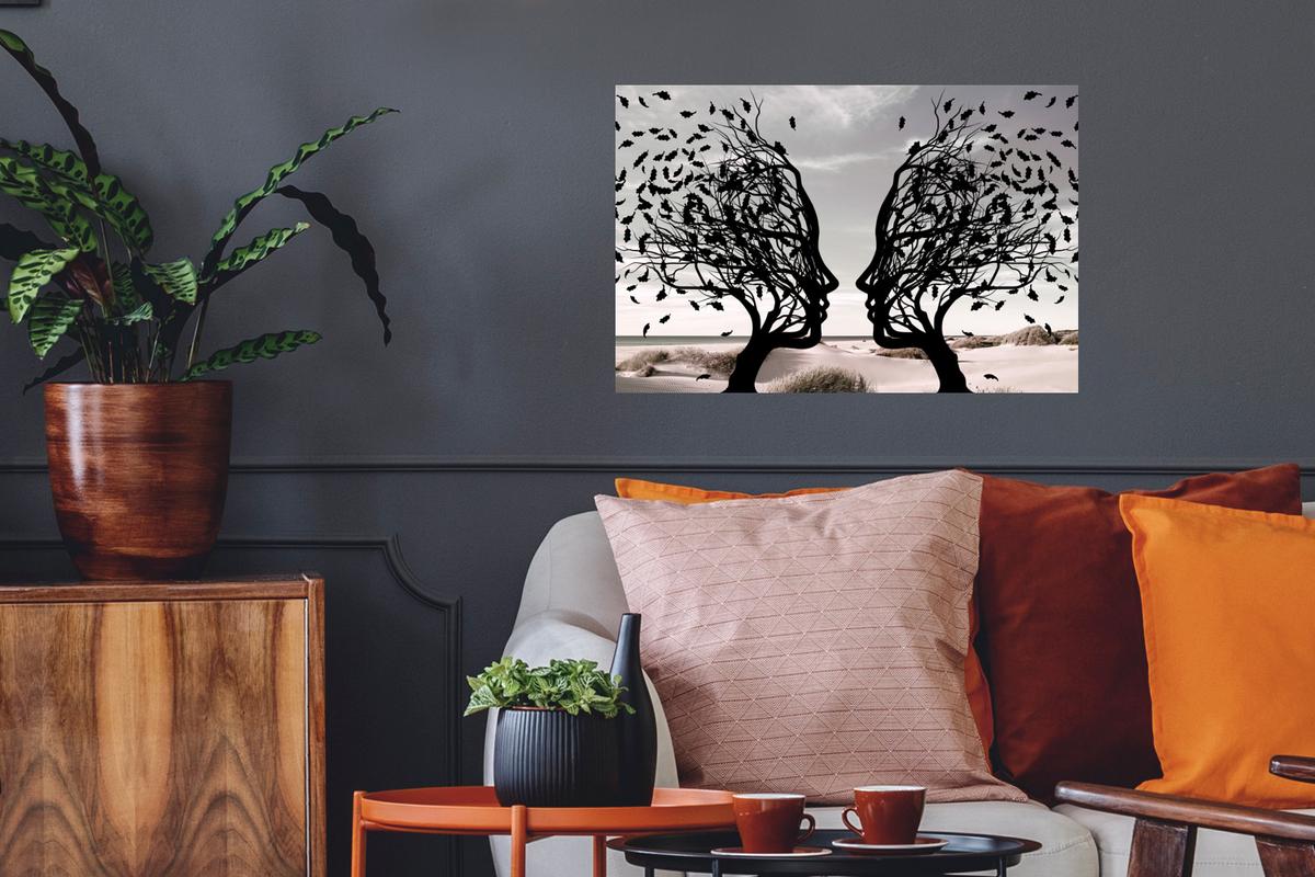 WANDTATTOO Strand - Meer - Menschen - Baum - Moderne Kunst Deko Wohnzimmer 60x40 cm - Hellgrau, Kunststoff (60/40/0.1cm) - MuchoWow