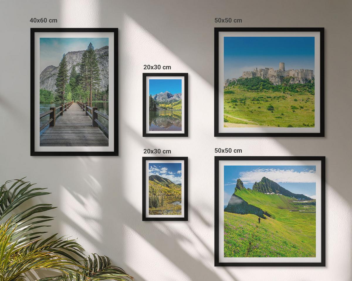 BILDER SET 5er Set - 50x50 cm & 20x30 cm & 40x60 cm Schwarzer Rahmen - Wasserfälle, Berge, Wolken, Herbst - Schwarz, Kunststoff (40/60cm) - TULUP