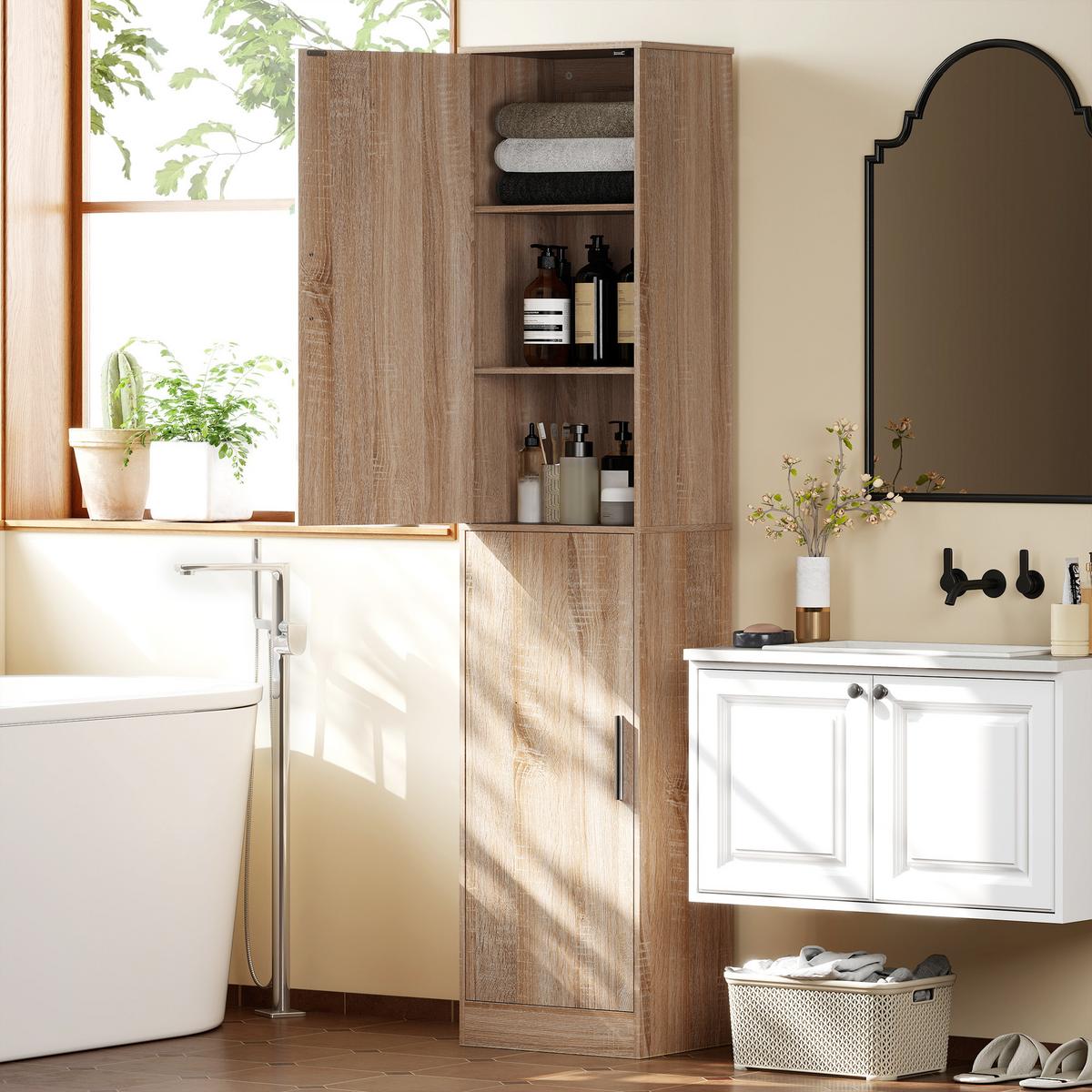 BADEZIMMERSCHRANK Badschrank Hochschrank schmal mit 2 Türen Verstellbare Regale - Silberfarben/Naturfarben, Holzwerkstoff/Metall (35/180/40cm) - HOMCOM