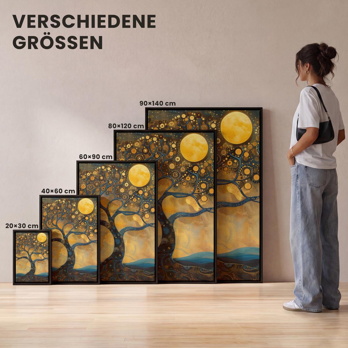 LEINWAND Bilder mit Rahmen - Baum - Mond - Blumen - Gold - Kunst - 90x140 - Orange, Textil (90/140cm) - MuchoWow