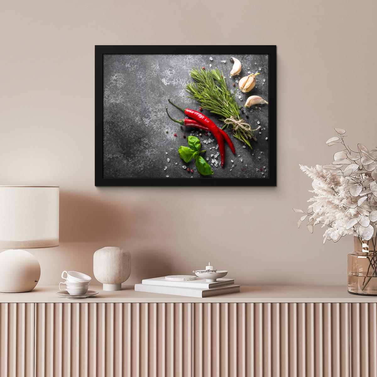 POSTER MIT RAHMENGERAHMTES BILD Pfeffer - Kräuter - Gewürze - Beton 40x30 cm - Dunkelgrau, Papier (40/30cm) - MuchoWow