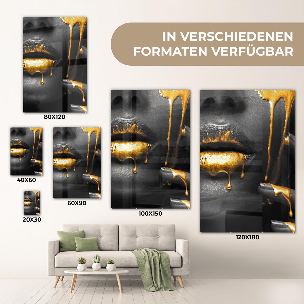 ACRYLGLASBILD Frau - Schwarz - Gold - Gesicht - Lippen 80x120 cm - Goldfarben, Glas (80/120cm) - MuchoWow