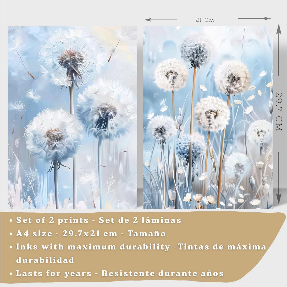POSTER 2er Kunstdruck-Set Wandbilder Blumen Blau modern Wohnzimmer Deko, Schlafzimmer, Küche, Badezimmer Leichter Holzrahmen A4 - Beige, Papier (29.7/1/21cm) - Nacnic
