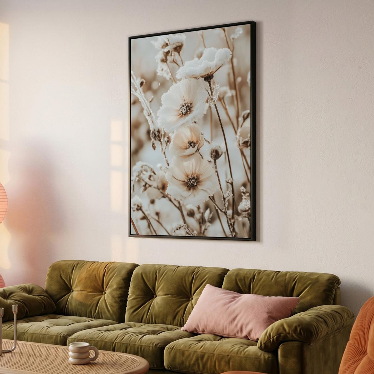 LEINWAND Bilder mit Rahmen - Blumen - Winter - Weiß - Schnee - Beige - 100x150 - Creme, Textil (100/150cm) - MuchoWow