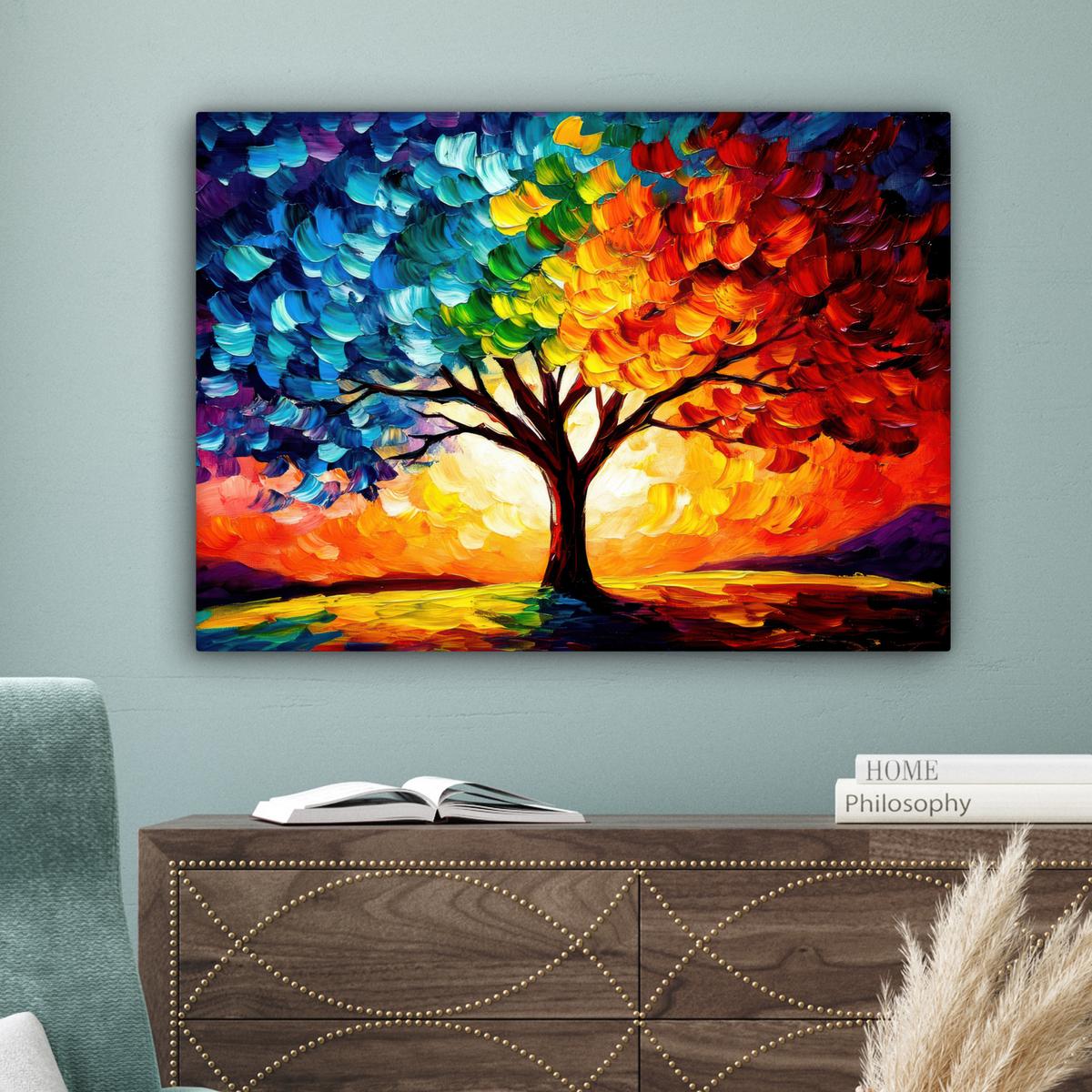 LEINWANDBILD Baum - Kunst - Natur - Sonnenuntergang Wandbilder 80x60 cm - Multicolor, Textil (80/60cm) - MuchoWow