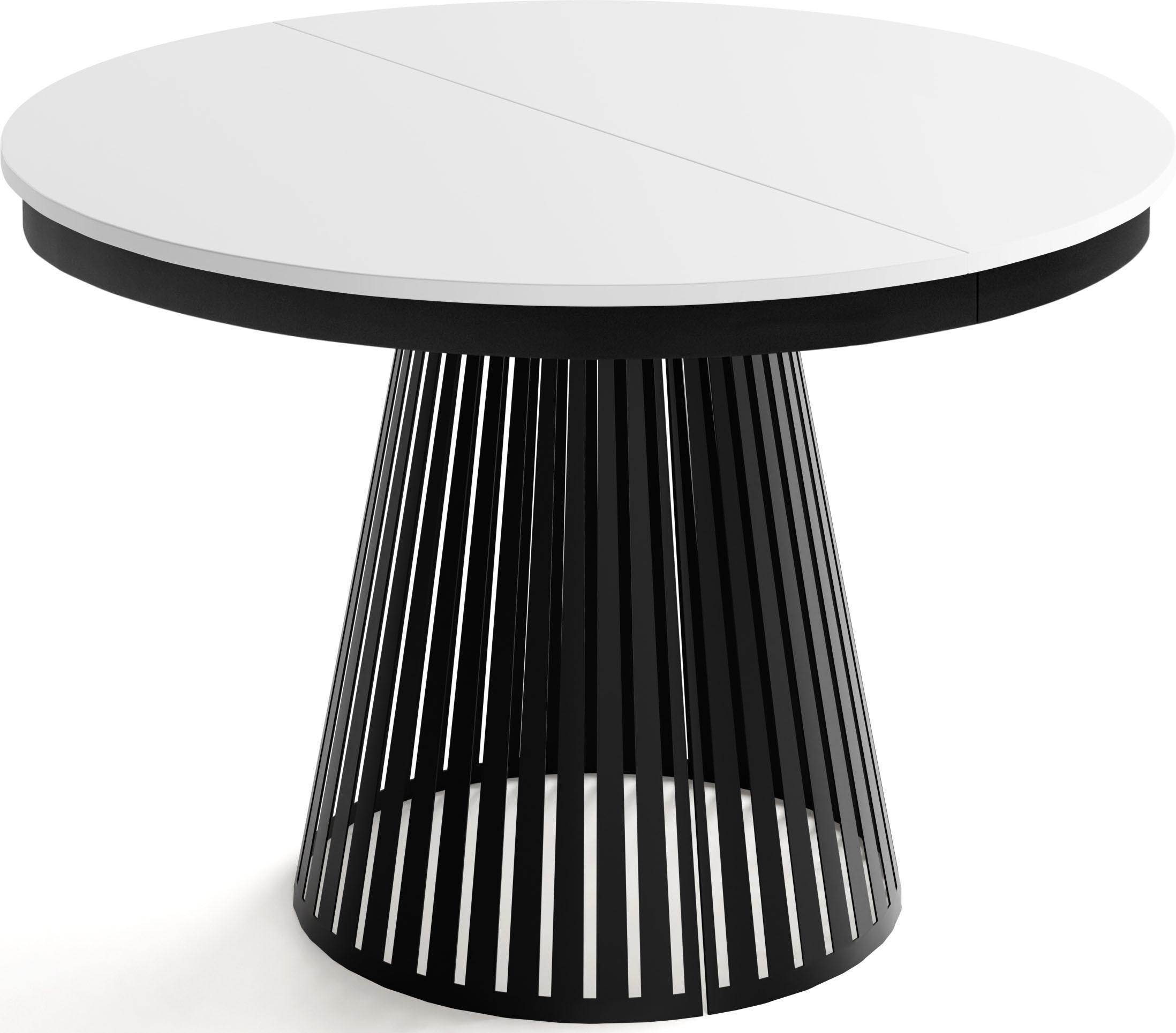 ESSTISCH Naro rund ausziehbar mit Schwarzem Lamellen-Metallgestell, Weiß 100-180/100/76 cm - Schwarz/Weiß, Holzwerkstoff/Metall (100/176/76cm) - WFL GROUP