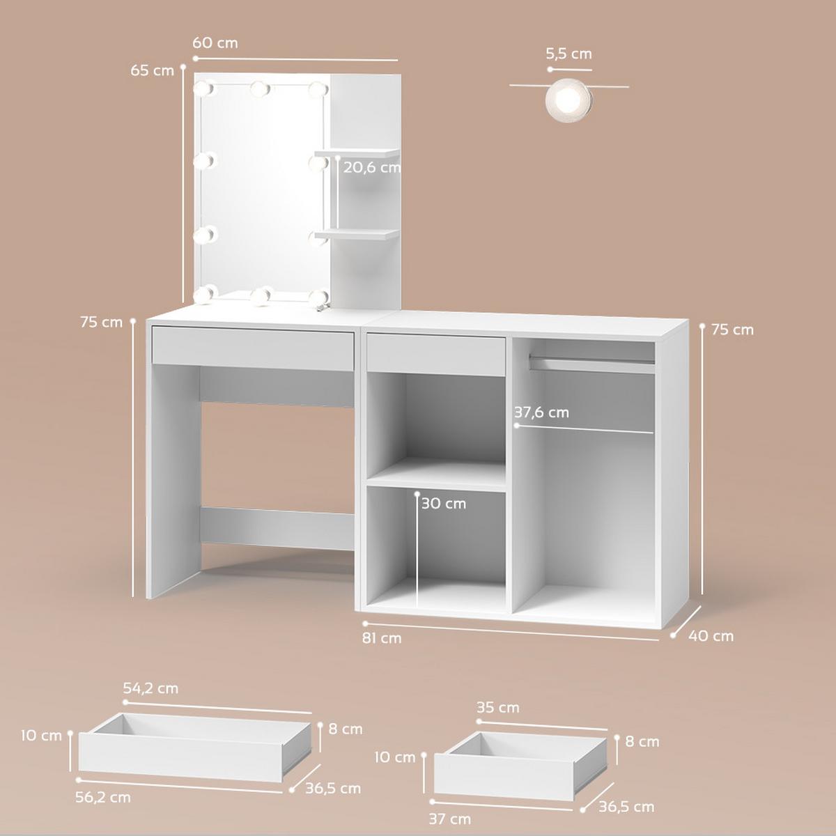SCHMINKTISCH Nola Weiß 140 cm mit LED Beleuchtung und Schrank - Weiß, Holzwerkstoff (140/140/40cm) - Livinity®