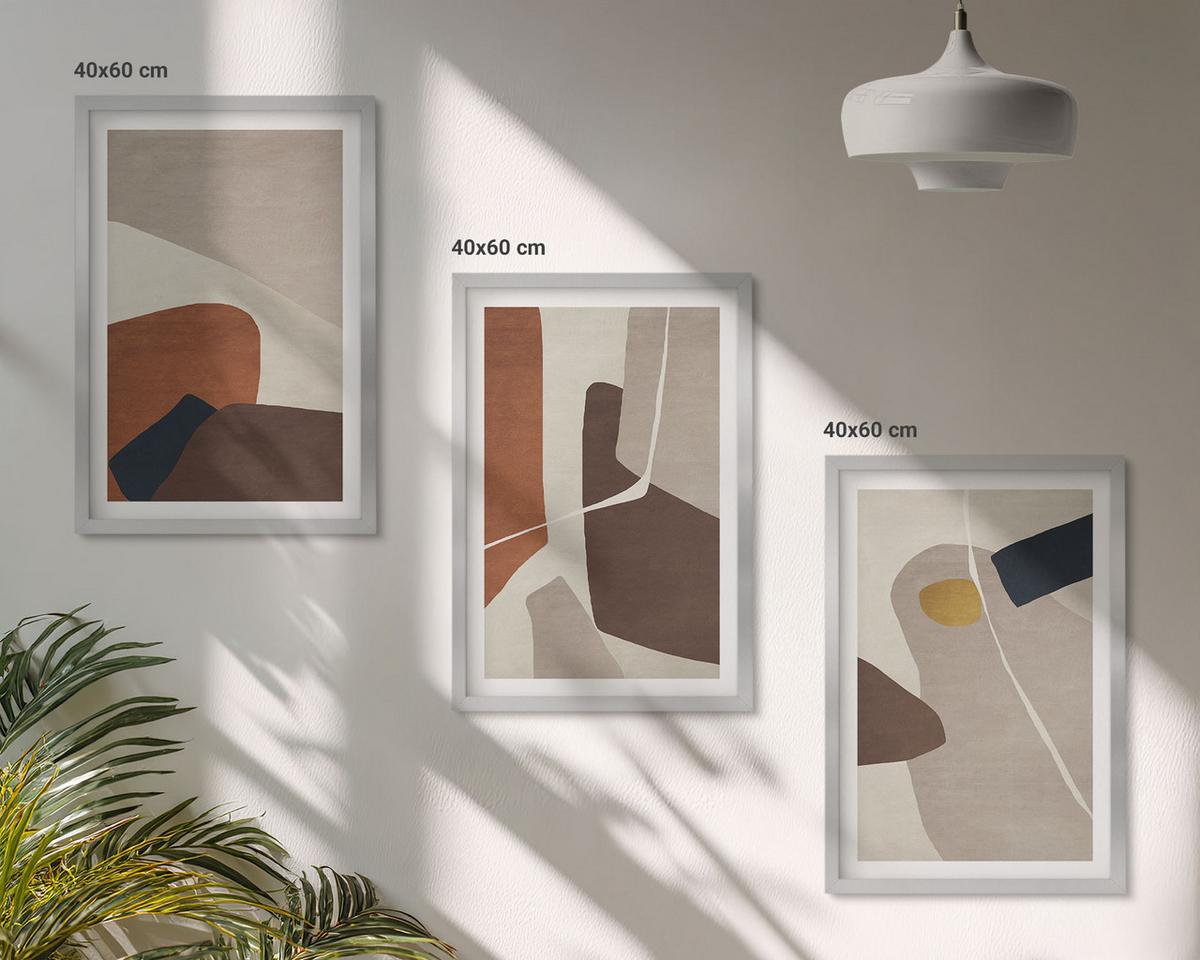 BILDER SET 3er Set - 40x60 cm Silberner Rahmen - Abstrakte Boho-Malerei - Silberfarben, Kunststoff (40/60cm) - TULUP