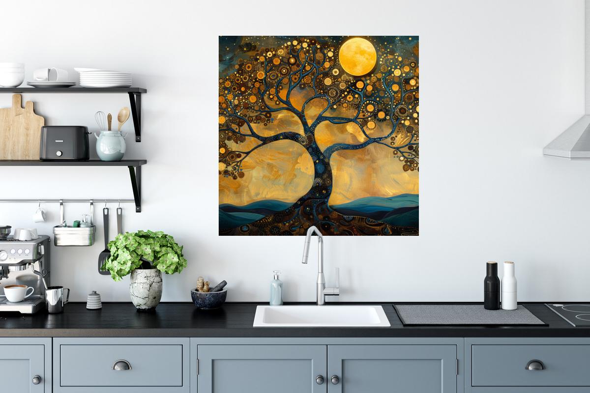 WANDTATTOO Baum - Mond - Blumen - Gold - Kunst Wanddeko 50x50 cm - Orange, Kunststoff (50/50/0.1cm) - MuchoWow