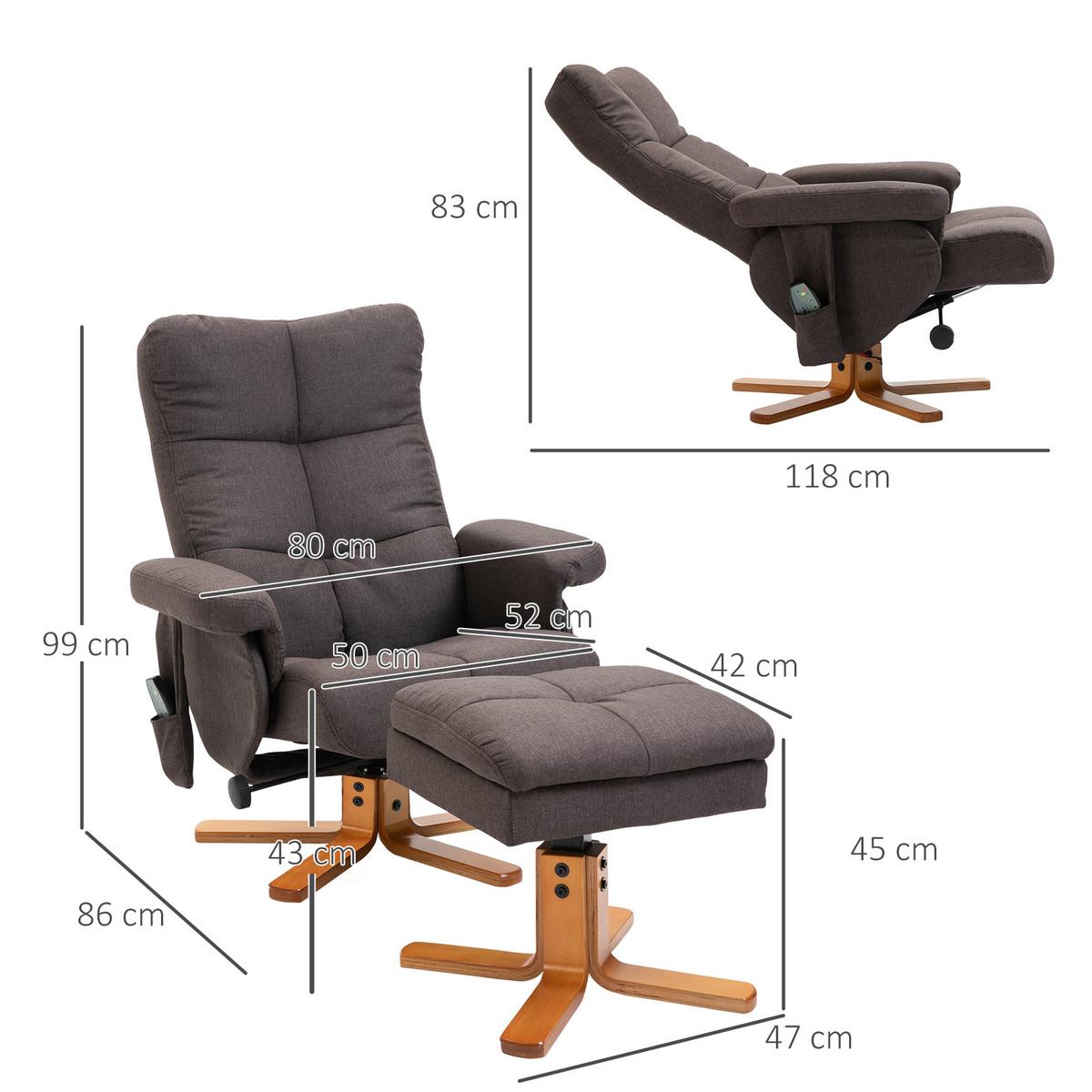 RELAXSESSEL Massagesessel mit Fußhocker Liegefunktion Polyester Braun - Braun, Holz/Textil (86/99/80cm) - HOMCOM