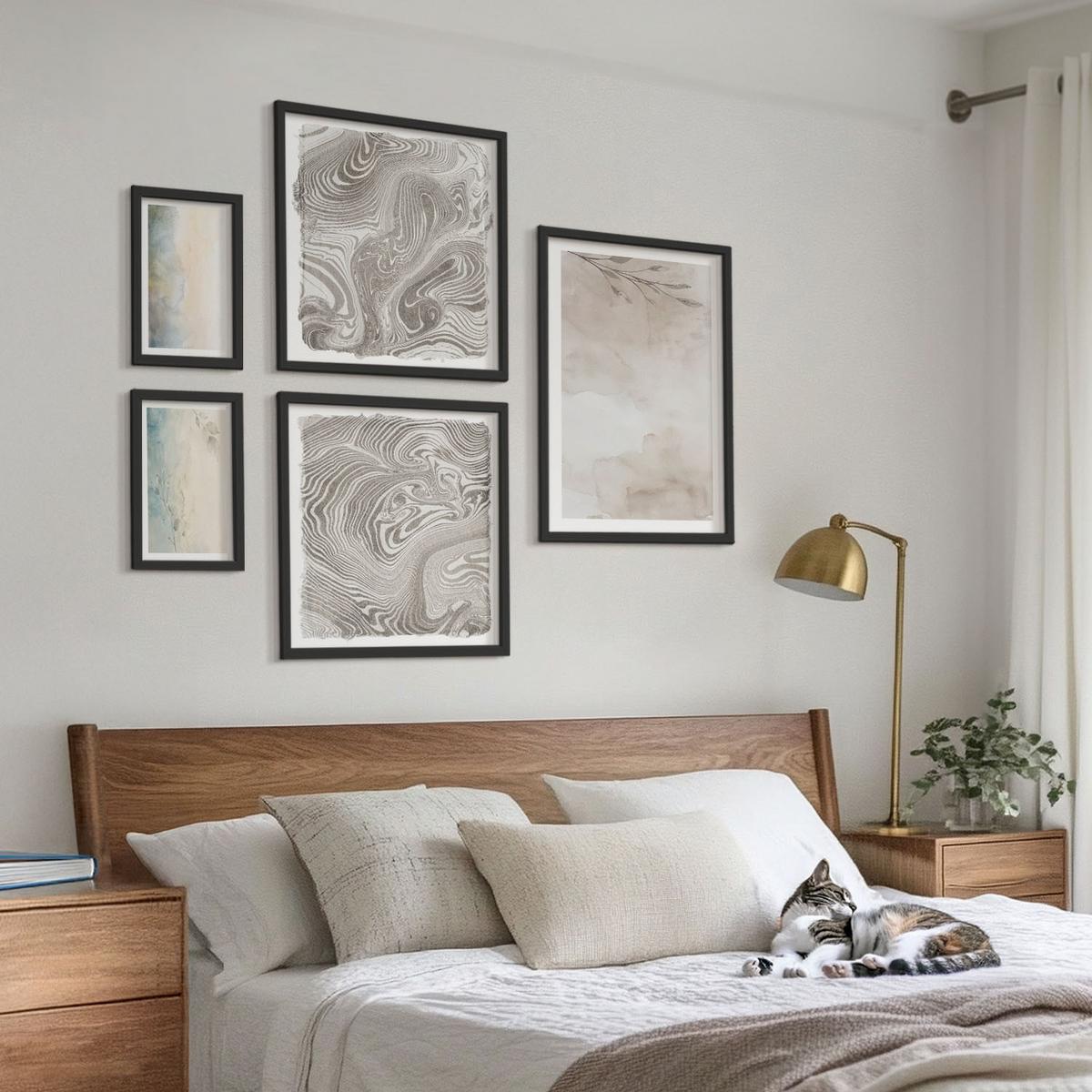 BILDER SET 5er Set - 50x50 cm & 20x30 cm & 40x60 cm Schwarzer Rahmen - Zarte Aquarellkartons - Schwarz, Kunststoff (40/60cm) - TULUP