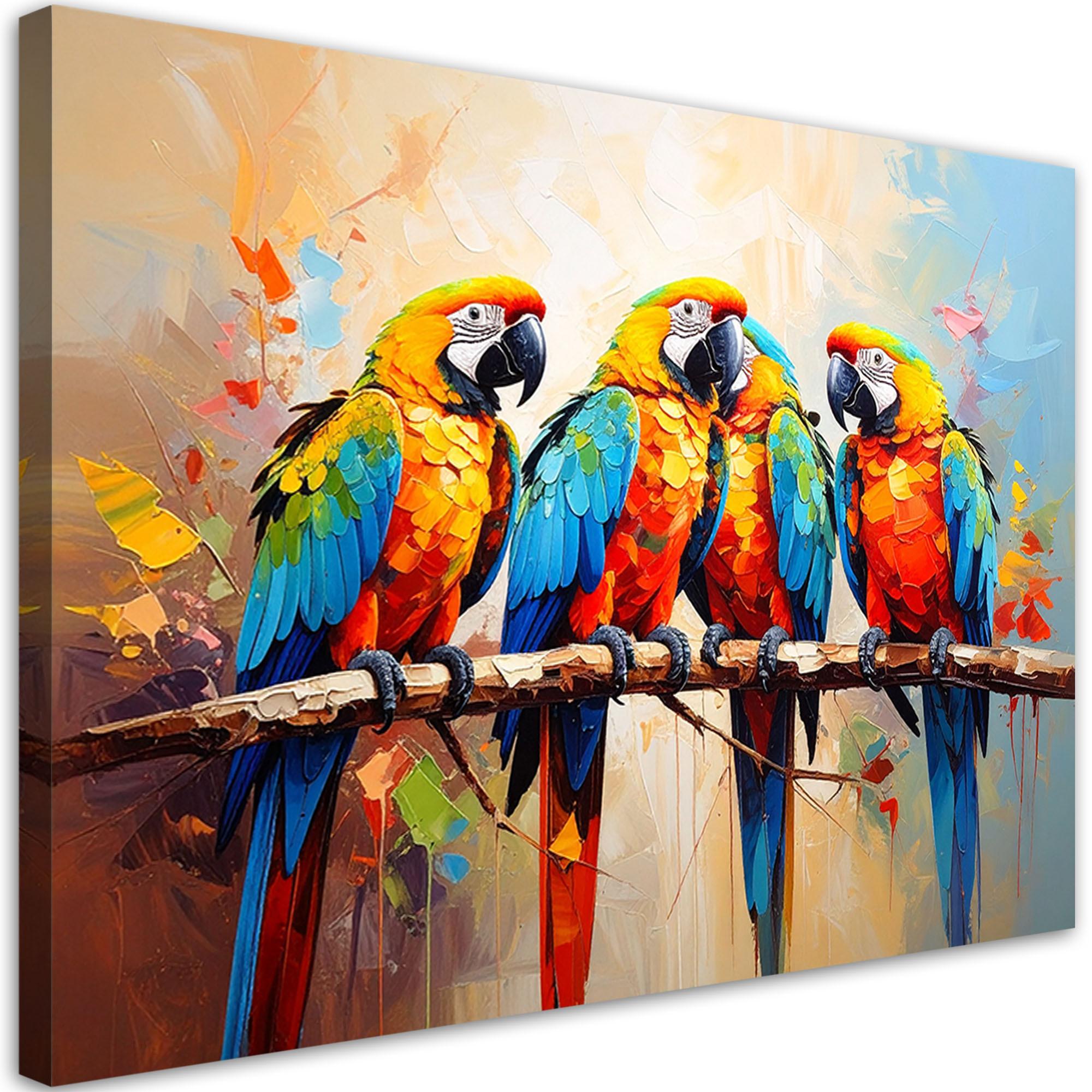 LEINWANDBILD Bunte Papageien Vögel auf einem Ast 90x60cm - Multicolor, Textil (90/60cm) - Feeby