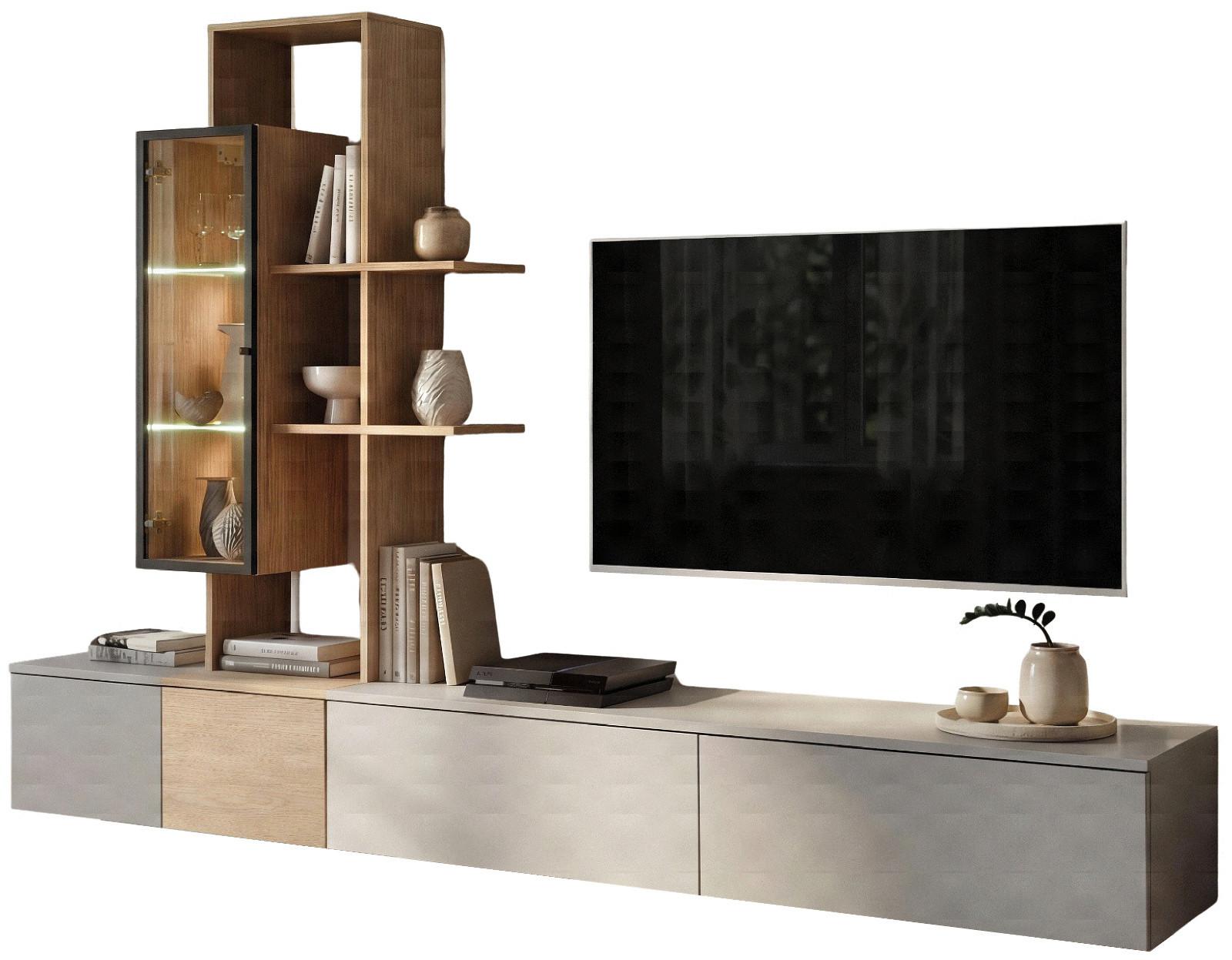 WOHNWAND Arktis-Grau, Cremona Eiche hängend 240 cm, Schrankwand mit LED und Push-to-Open - Eichefarben/Hellgrau, Glas/Holzwerkstoff (240/160/40cm) - Inn.Furn