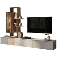 WOHNWAND Arktis-Grau, Cremona Eiche hängend 240 cm, Schrankwand mit LED und Push-to-Open - Eichefarben/Hellgrau, Glas/Holzwerkstoff (240/160/40cm) - Inn.Furn