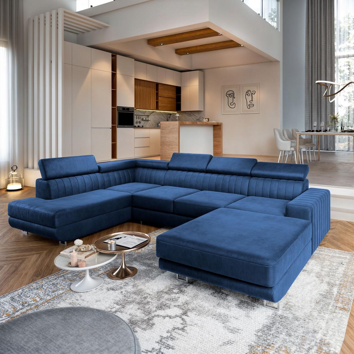 WOHNLANDSCHAFT SIENA L-S Blau Velours-Stoff mit Schlaffunktion - Blau/Silberfarben, Holz/Textil (335/89/190cm) - MASSENO
