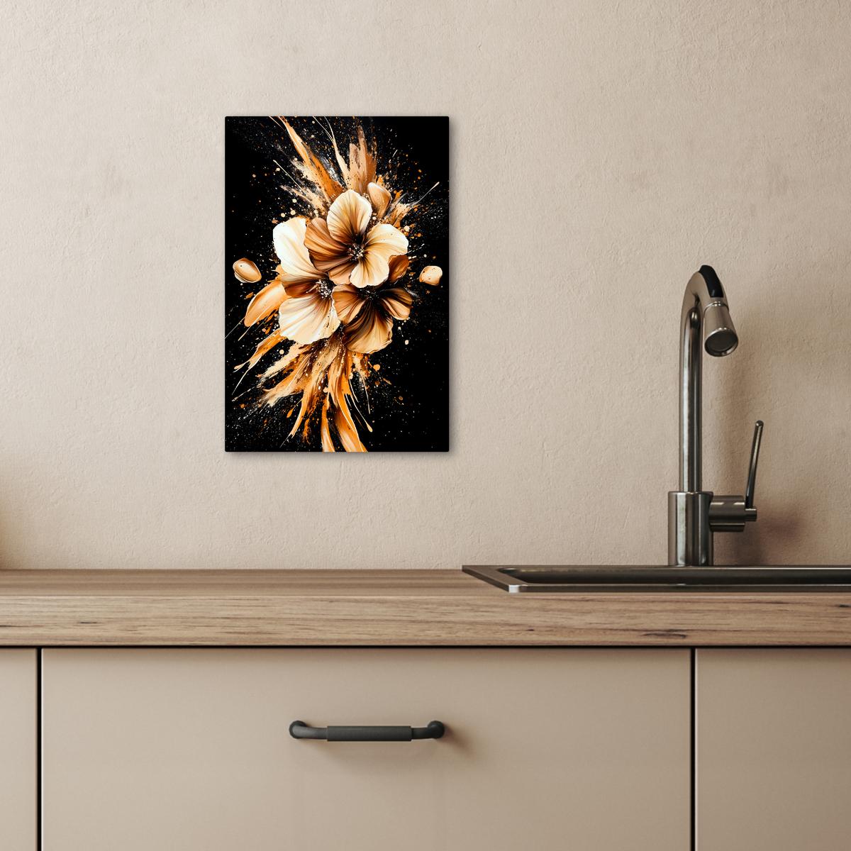 LEINWANDBILD Blumen - Gold - Graffiti - Schwarz - Abstrakt Deko Wohnzimmer 20x30 cm - Cappuccino, Textil (20/30cm) - MuchoWow