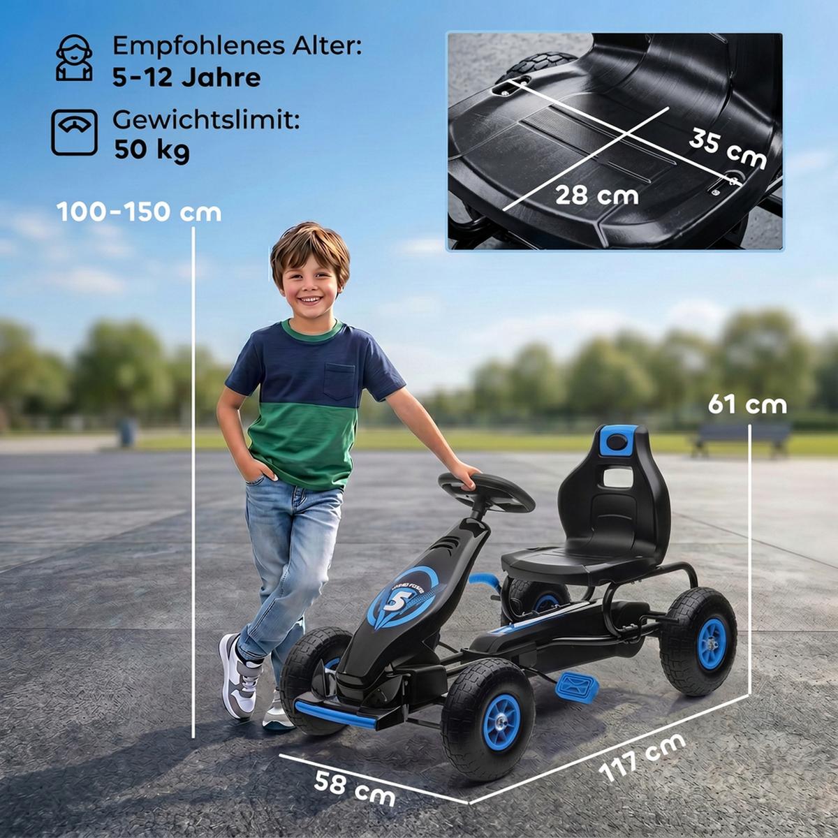 GOKART, Kinderfahrzeug mit verstellbarem Schalensitz, Tretauto, Grün+Schwarz - Blau, Metall (117/58/61cm) - HOMCOM