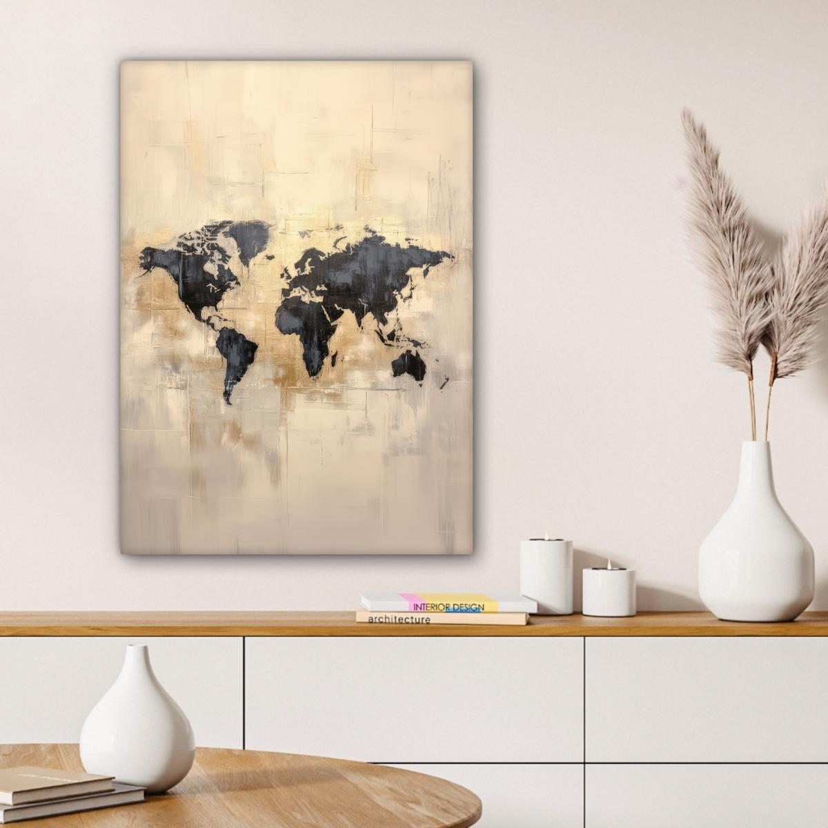LEINWANDBILD Weltkarte - Gold - Schwarz - Abstrakt Wandbild Wohnzimmer 60x80 cm - Kupferfarben, Textil (60/80cm) - MuchoWow