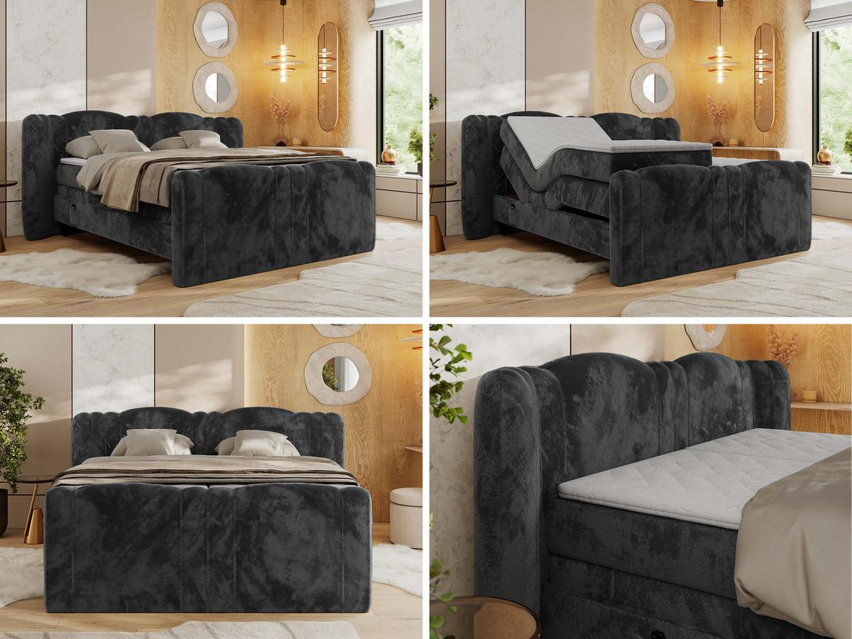 BOXBETT FORTINA 160/200 - Dunkelgrau Plüsch - H3 - Dunkelgrau, Holz/Textil (160/200cm) - MKS