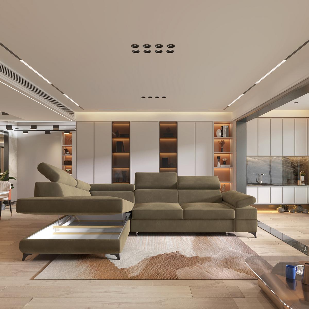 ECKSOFA FAVIEN L-S Beige Velours-Stoff mit Schlaffunktion - Beige, Holz (257/190cm) - MASSENO