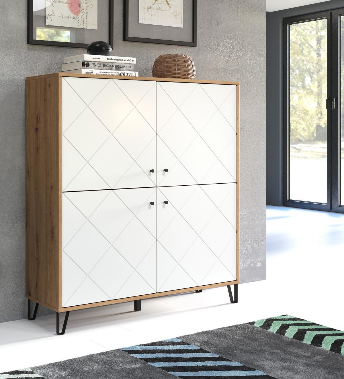 HIGHBOARD weiß matt mit Rautenoptik, Eiche Artisan 123 x 136 cm, Kommode mit Soft-Close - Eichefarben/Schwarz, Holzwerkstoff/Kunststoff (123/136/40cm) - Top.Furn