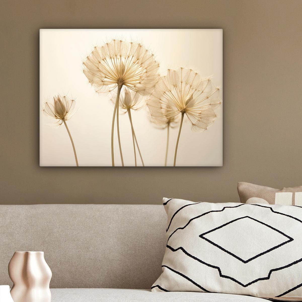 LEINWANDBILD Sonnenlicht - Löwenzahn - Botanisch - Blumen Wandbild 40x30 cm - Creme, Textil (40/30cm) - MuchoWow