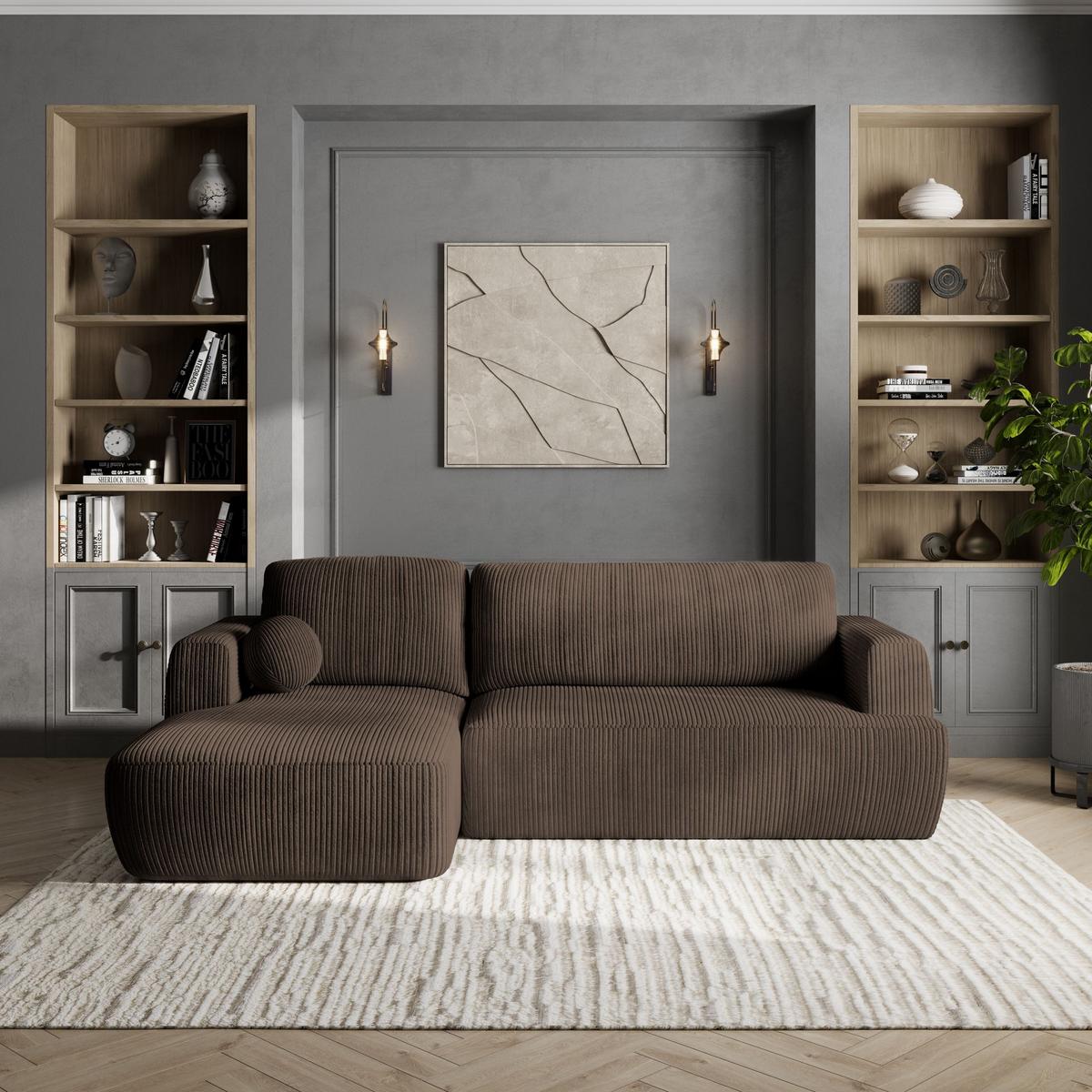 ECKSOFA SENTI P L-S Braun Kordstoff mit Schlaffunktion - Schwarz/Braun, Holz/Kunststoff (246/148cm) - MASSENO