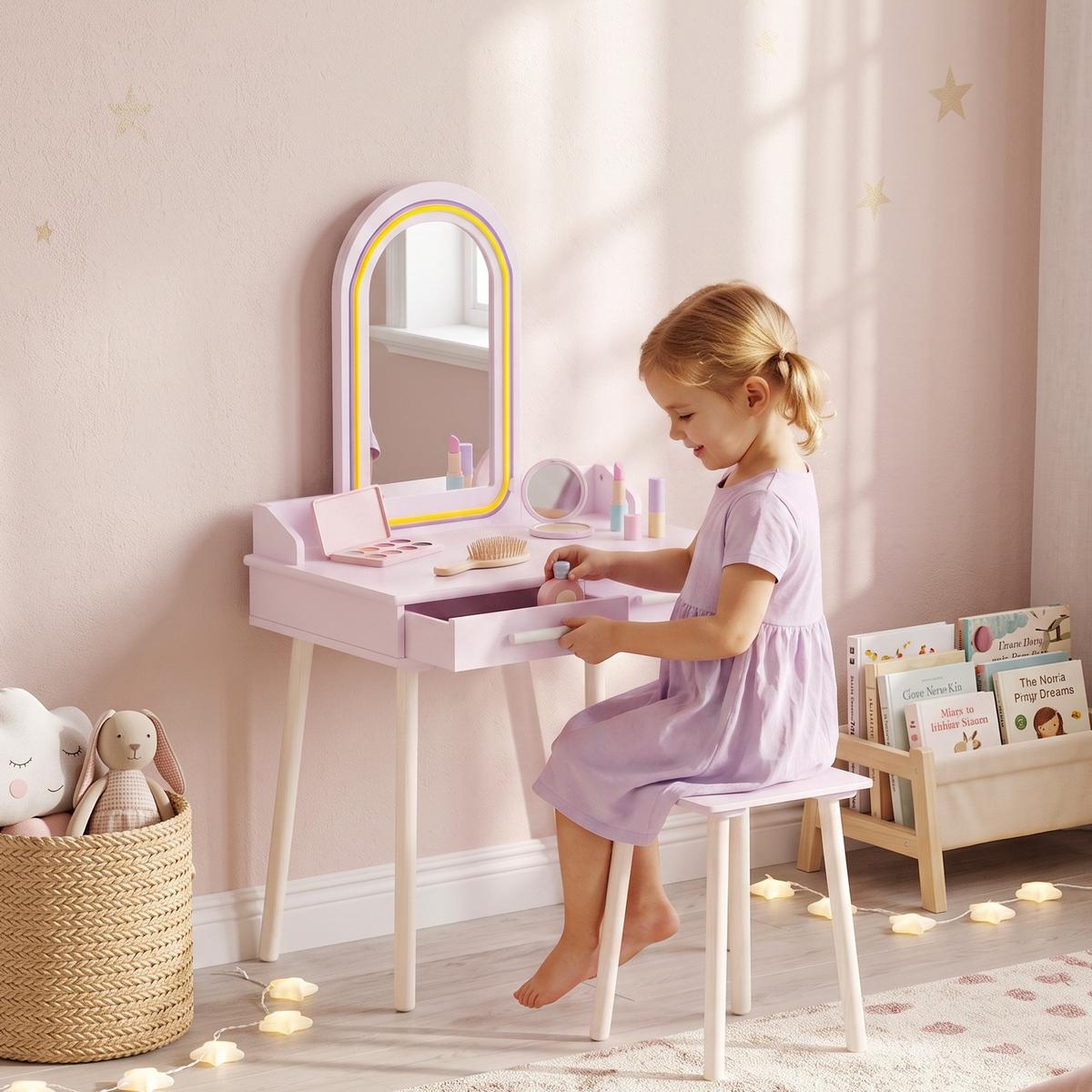 KINDER-SCHMINKTISCH-SET MDF Kiefernholz 2er Set Rosa - Weiß/Rosa, Holz/Holzwerkstoff (36/100/60cm) - AIYAPLAY