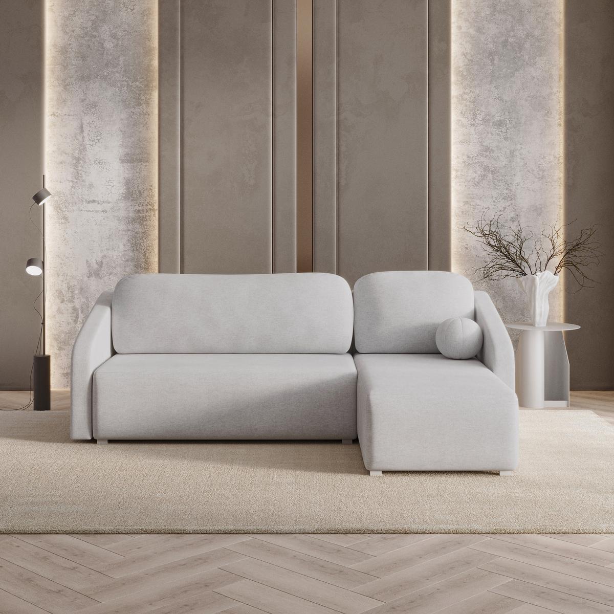 ECKSOFA MARELLO Hellgrau Geflochtener Stoff mit Schlaffunktion - Hellgrau, Holz (220/143cm) - MASSENO