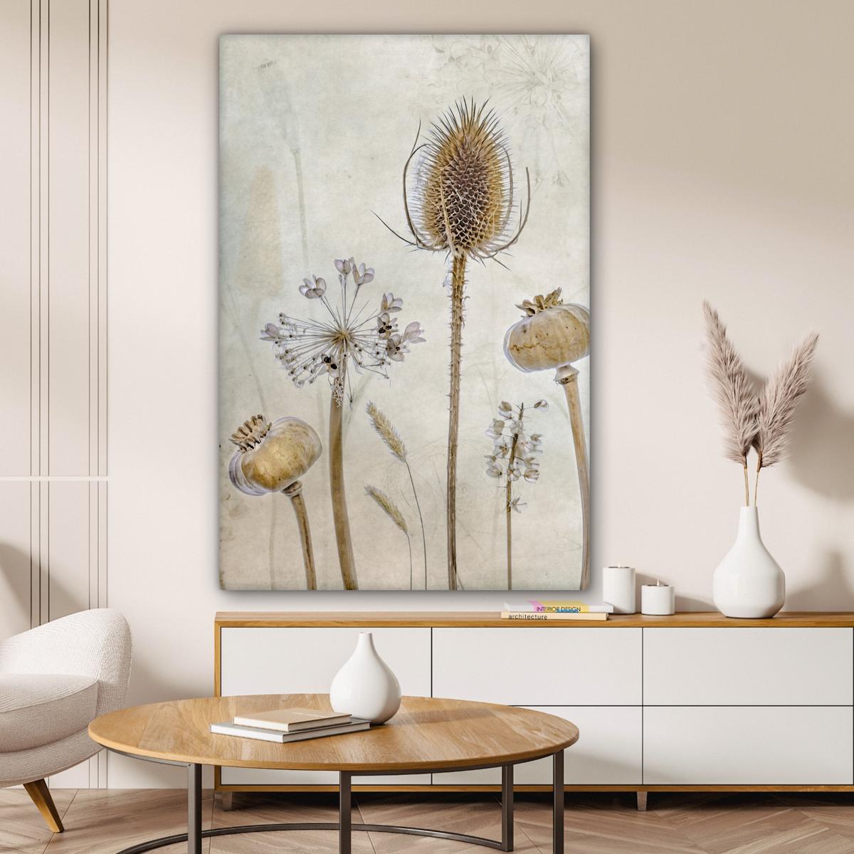 LEINWANDBILD Blumen - Aquarell - Stilleben - Braun - Vintage Deko Groß 90x140 cm - Beige, Textil (90/140cm) - MuchoWow