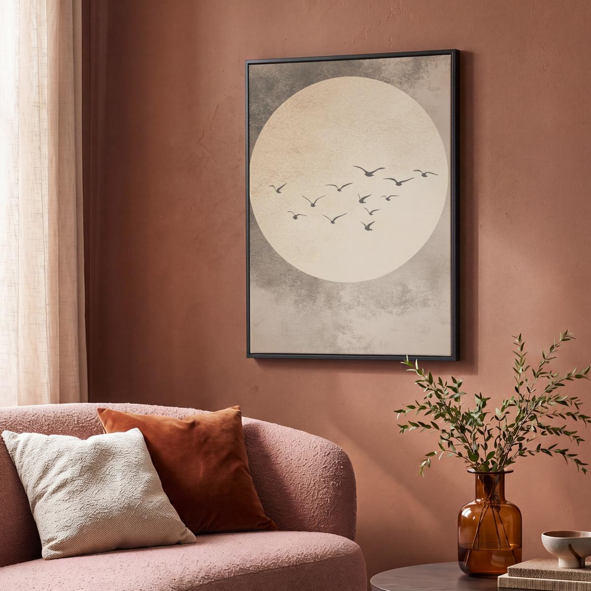 LEINWAND Bilder mit Rahmen - Vogel - Beige - Japanisch - 70x100 - Taupe, Textil (70/100cm) - MuchoWow