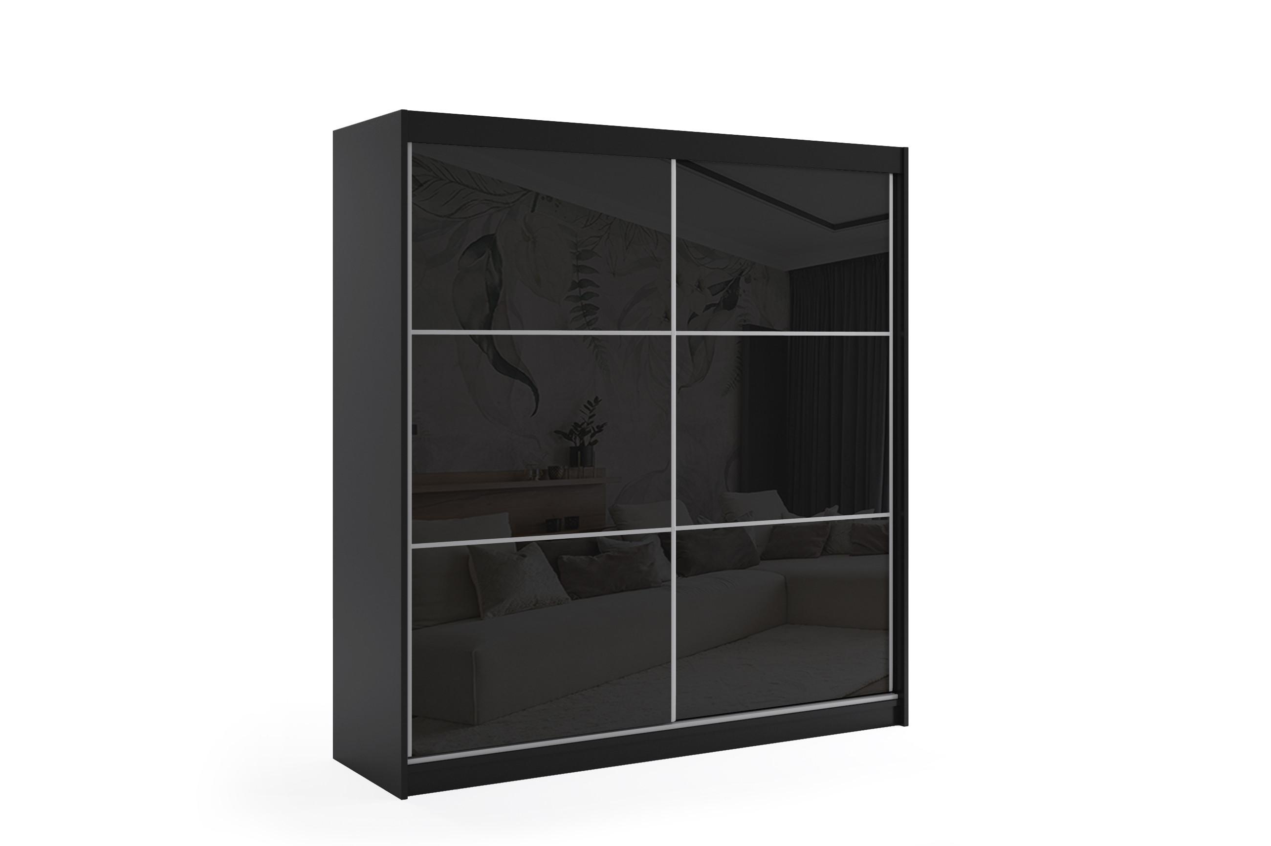 KLEIDERSCHRANK mit Lacobel-Schiebetüren und Aluminium- Leisten, LED-Beleuchtung - VIVI - 200 cm Schwarz - Schwarz, Holzwerkstoff (200/216/61cm) - ALTDECOR