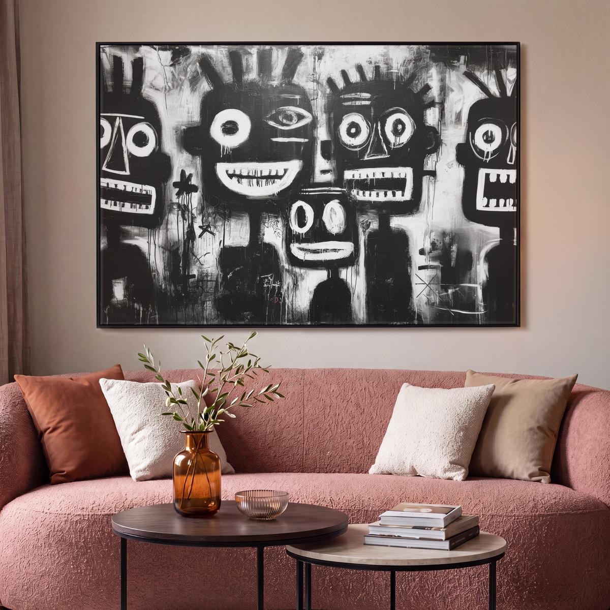 LEINWAND Bilder mit Rahmen - Malerei - Figuren - Schwarz - Abstrakt - 120x80 - Schwarz, Textil (120/80cm) - MuchoWow