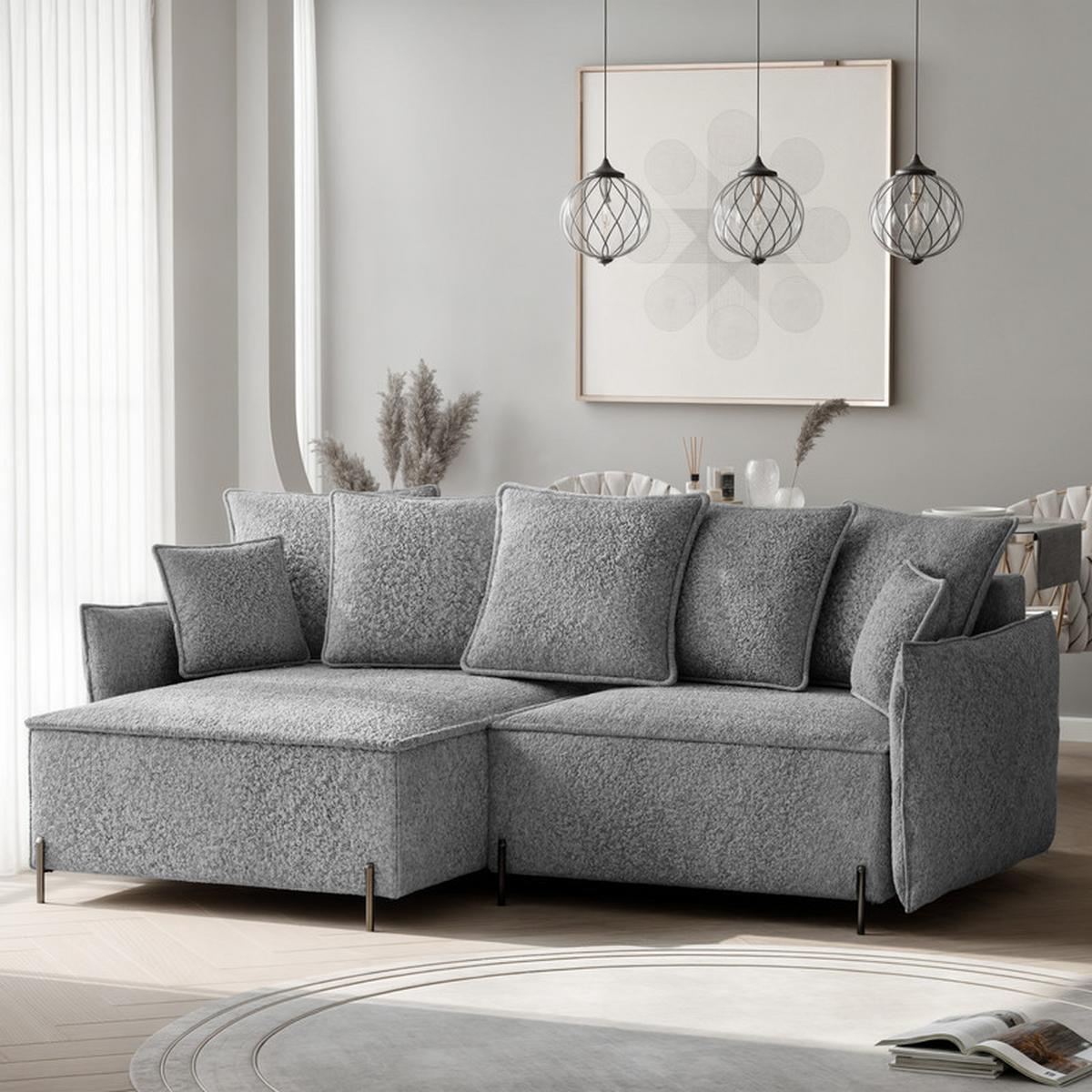 ECKSOFA MARCO Links, mit Schlaffunktion und Bettkasten, Hellgrau - Hellgrau, Textil/Metall (221/148cm) - Idohome