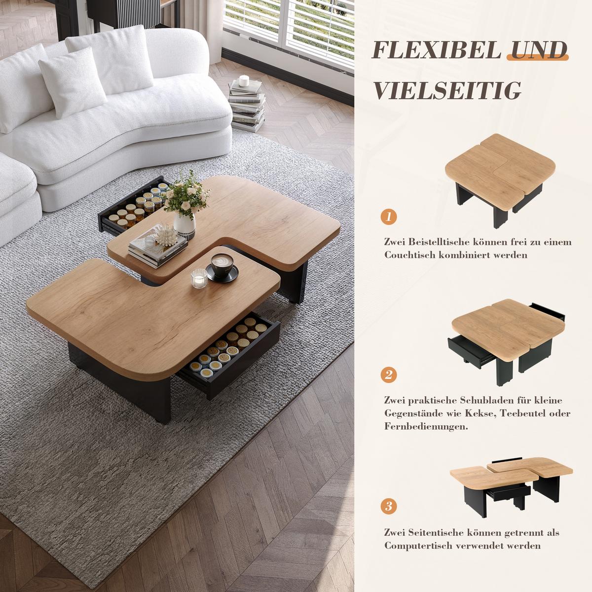 COUCHTISCH holzoptik led 2in1 schubladen - Naturfarben, Holzwerkstoff (60/135/44.5cm) - Urban Meuble