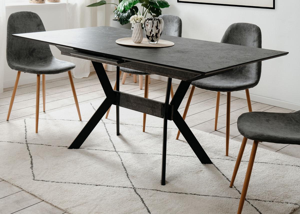 ESSTISCH Stein grau dunkel, Küchentisch ausziehbar 160 - 200 x 90 cm - Dunkelgrau/Schwarz, Holzwerkstoff/Metall (160/90/76cm) - Furn.Design