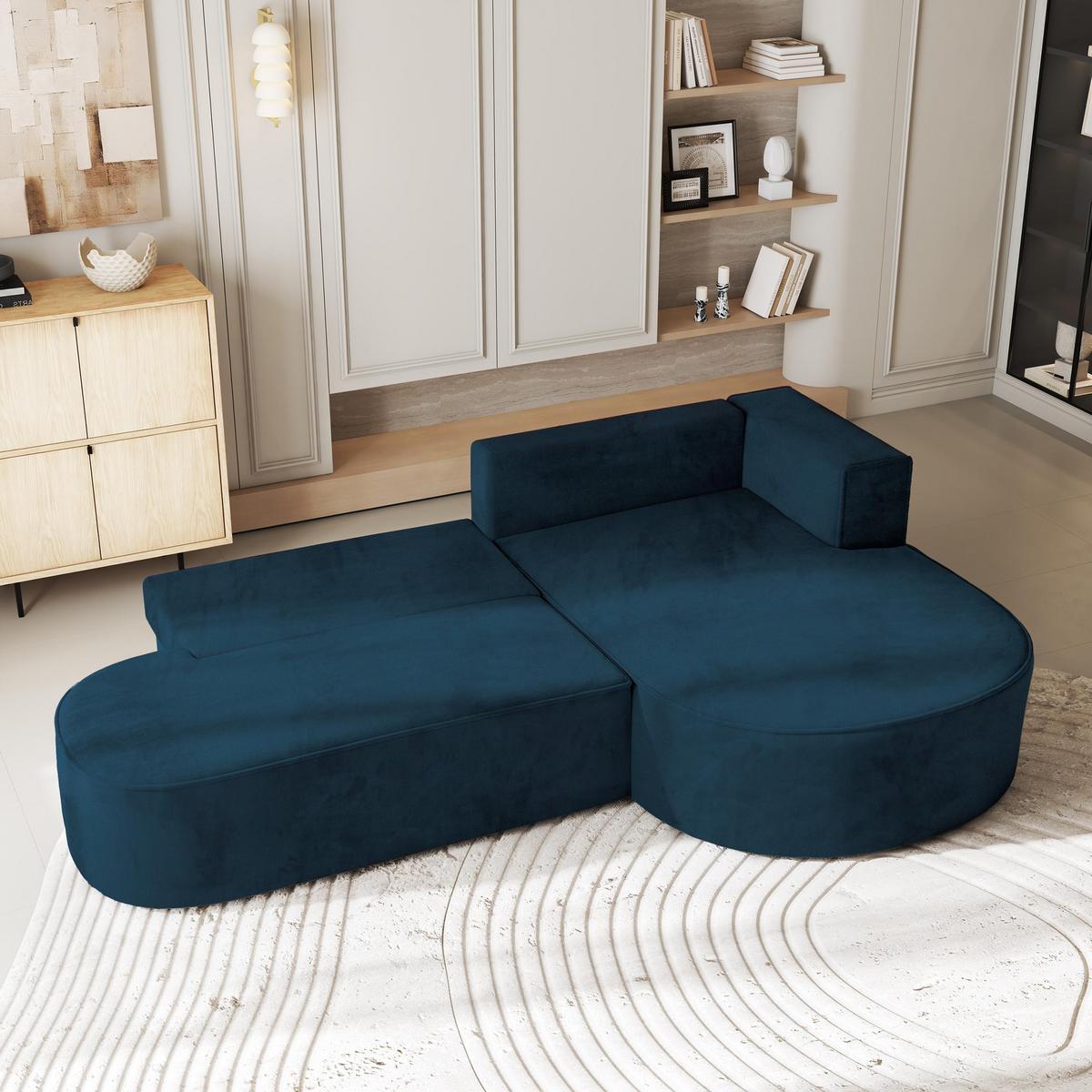 ECKSOFA CORTIO M R-S Blau Velours-Stoff mit Schlaffunktion - Blau/Grau, Holz/Kunststoff (265/174cm) - MASSENO