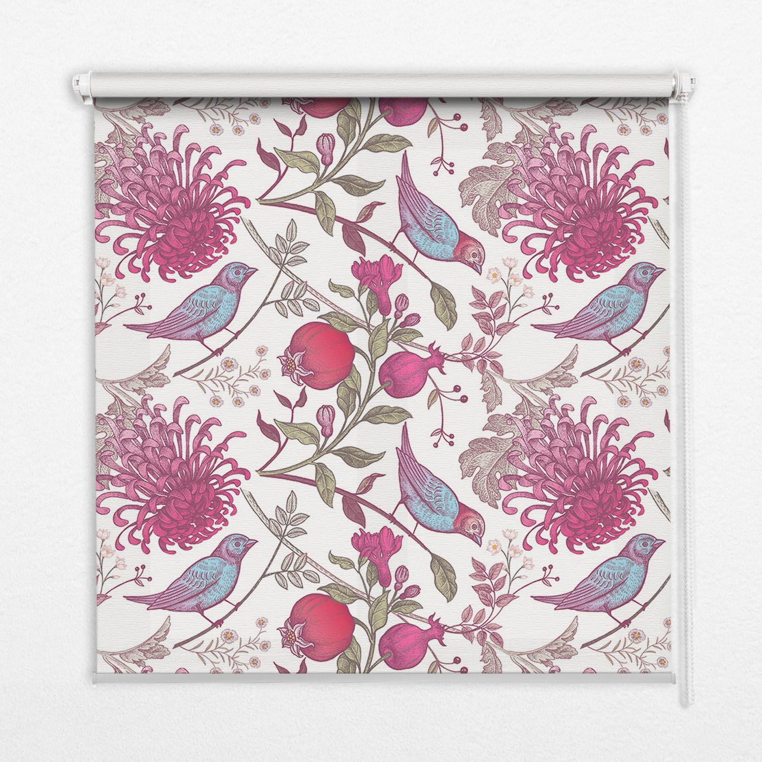 INNENROLLO - Fensterrollo - Rollo - 70x140 cm - Bunte Vögel zwischen den Blumen - Rot, Kunststoff (70/140/0.5cm) - TULUP