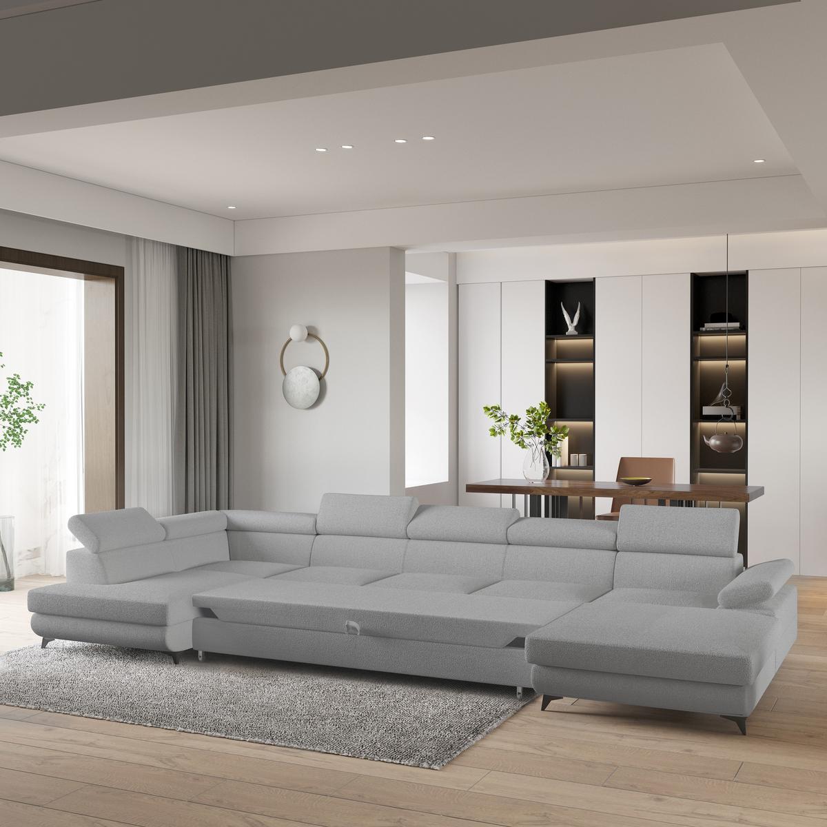 WOHNLANDSCHAFT MONTIVA Hellgrau Boucle-Stoff mit Schlaffunktion - Hellgrau, Holz (410/89/190cm) - MASSENO