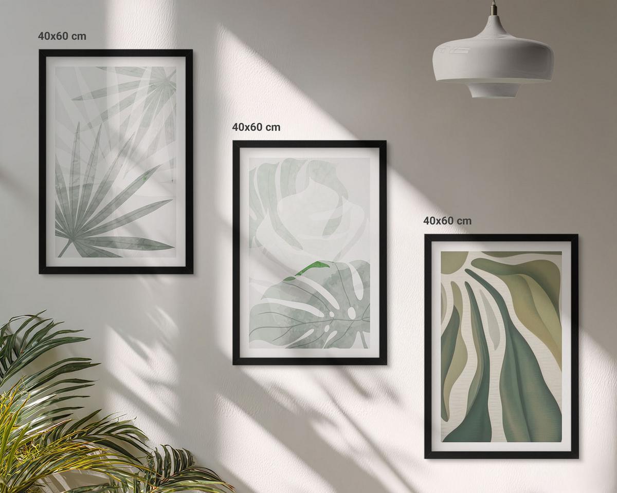BILDER SET 3er Set - 40x60 cm Schwarzer Rahmen - Blätter von Pflanzen in Grün und Grau - Schwarz, Kunststoff (40/60cm) - TULUP