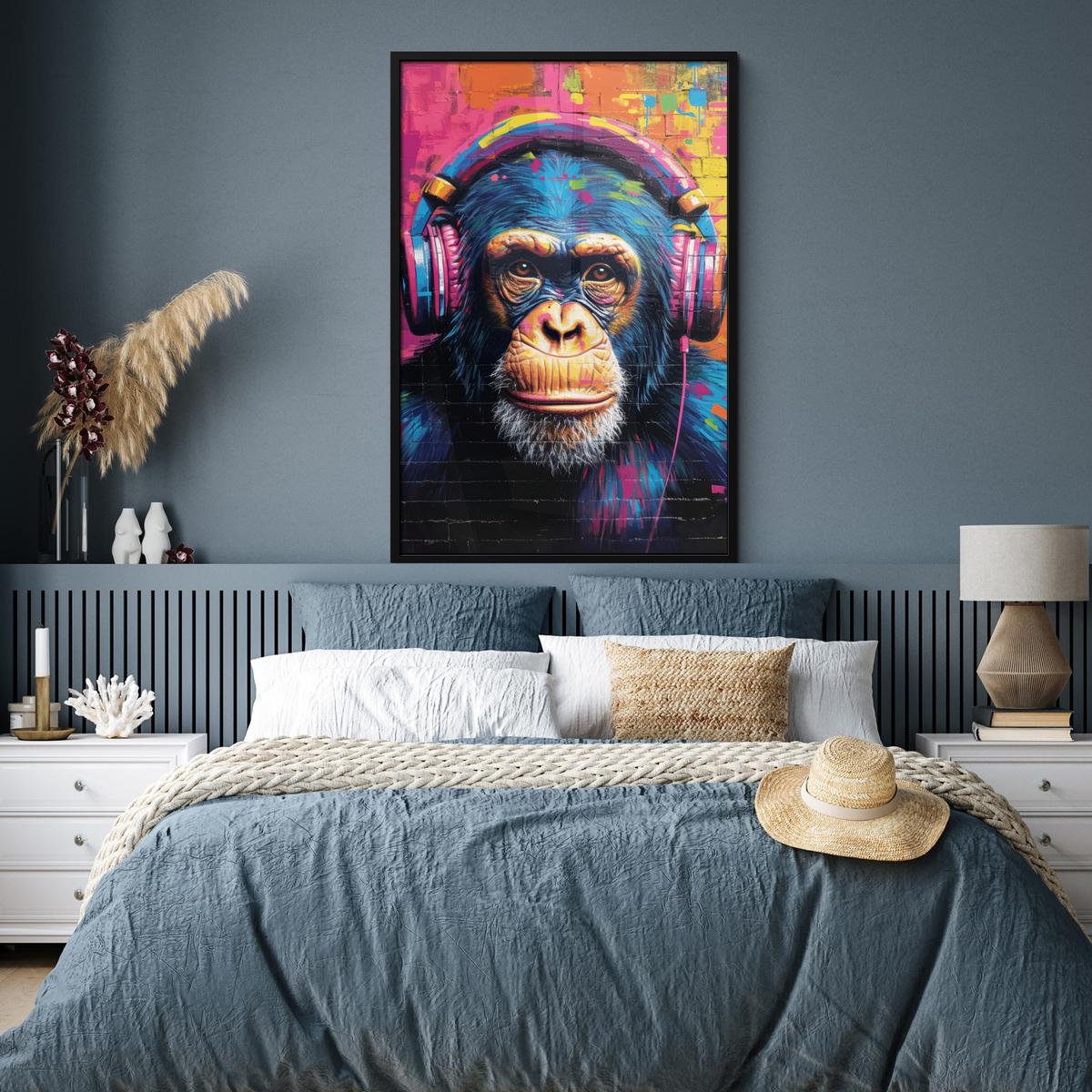POSTER MIT RAHMEN Graffiti - Schimpanse - Straßenkunst - Kopfhörer - Affe Bilderleiste 80x120 cm - Blau, Papier (80/120cm) - MuchoWow
