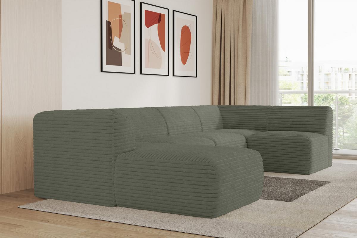 WOHNLANDSCHAFT Ottomane Links MOVO-L 345x180x78 cm Olivgrün Cord - Olivgrün, Holzwerkstoff/Kunststoff (345/78/180cm) - ALTDECOR