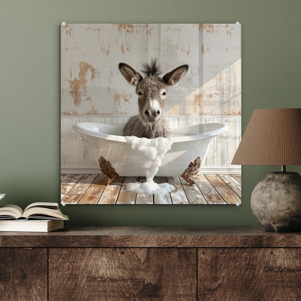 ACRYLGLASBILD Esel - Tiere - Badewanne - Schaumstoff 50x50 cm - Weiß, Glas (50/50cm) - MuchoWow