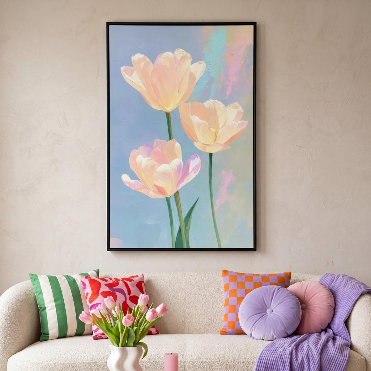 LEINWAND Bilder mit Rahmen - Tulpen - Rosa Akzente - Blau - 80x120 - Pastellblau, Textil (80/120cm) - MuchoWow