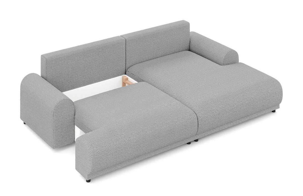 ECKSOFA mit Schlaffunktion, Bettkasten, extrabreite Ottomane rechts, abgerundete Armlehnen, B240/T145/H81 cm, Bezug Bouclé-Charakter Grau / 21029 - Schwarz/Grau, Kunststoff/Textil (240/145cm) - luma-home