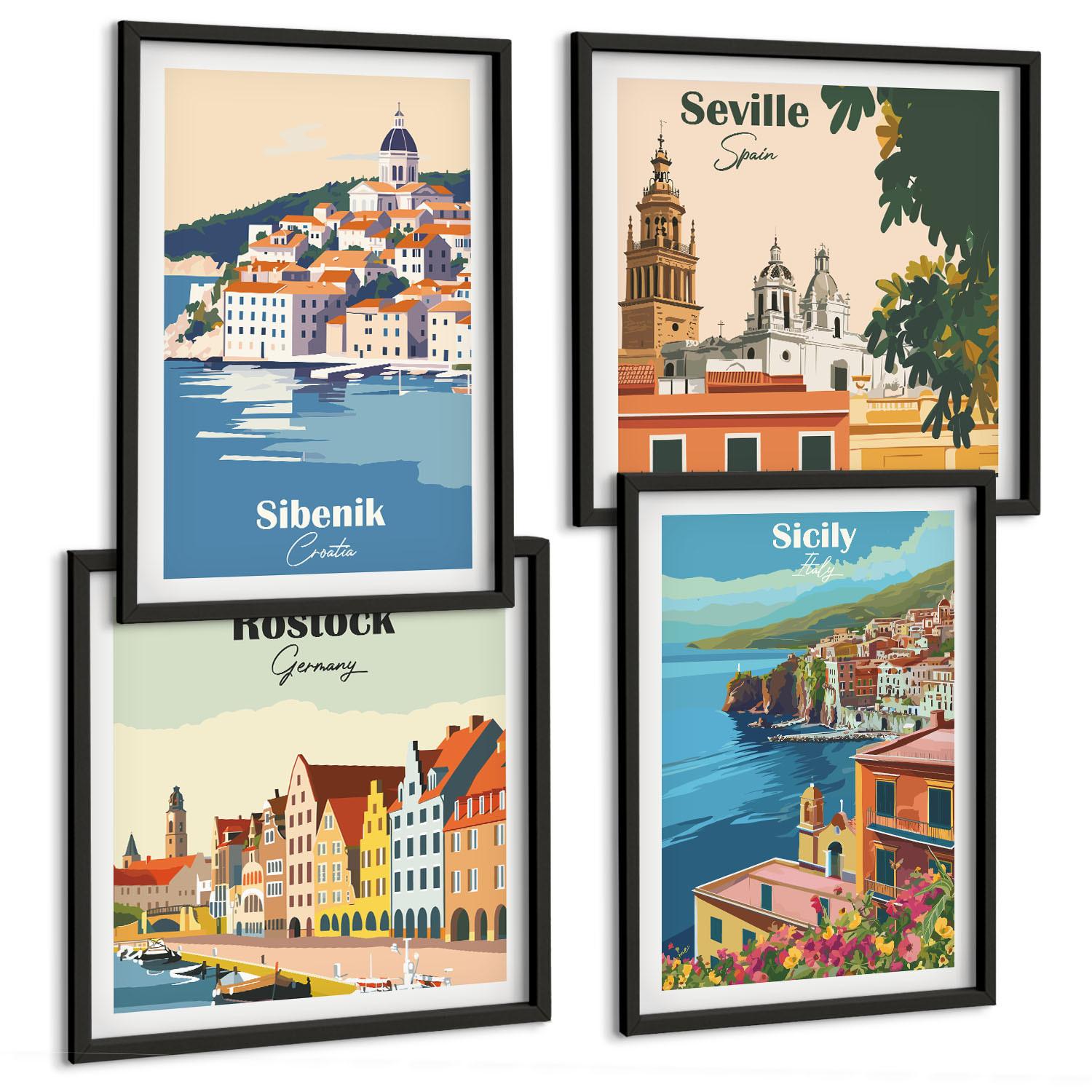 BILDER SET 4er Set - 50x50 cm & 40x60 cm Schwarzer Rahmen - Landschaften europäischer Städte - Schwarz, Kunststoff (50/50cm) - TULUP