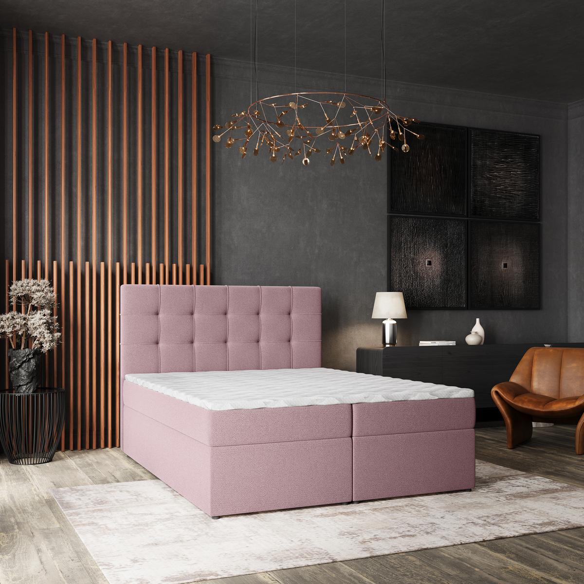 BOXBETT PALMA 140x200 cm mit Matratze und Topper, H2+H3 - Rosa - Rosa, Holz (140/200cm) - MASSENO
