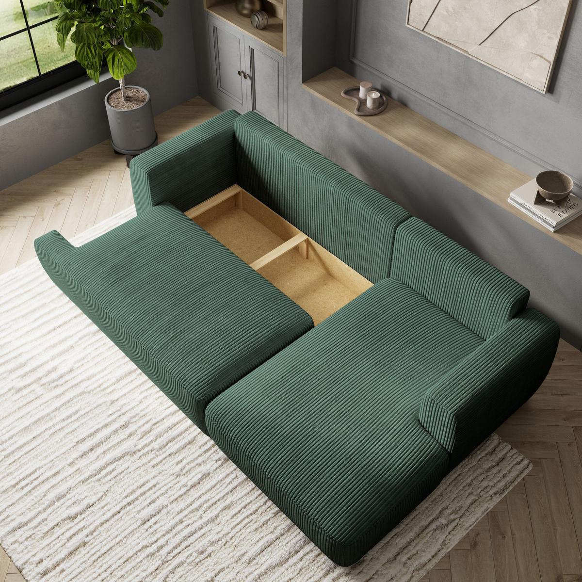 ECKSOFA SENTI P R-S Grün Kordstoff mit Schlaffunktion - Schwarz/Grün, Holz/Kunststoff (246/148cm) - MASSENO